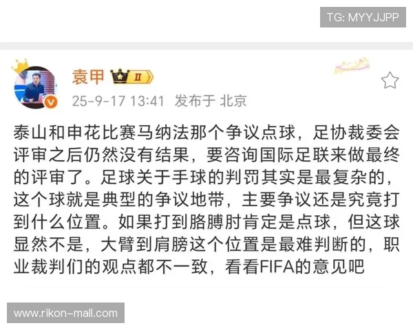 裁判评议支持国际足联专家意见认为申花队马纳法非手球犯规
